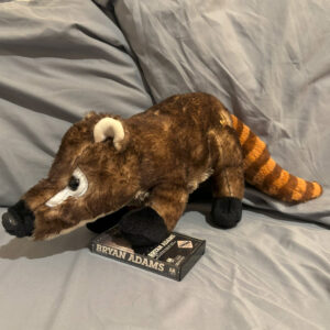 long brown coati stuffed animal with Bryan Adams cassette tape