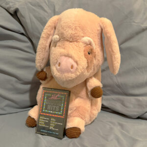 medium pig stuffed animal with Hot Movie Hits Vol. 2 cassette tape
